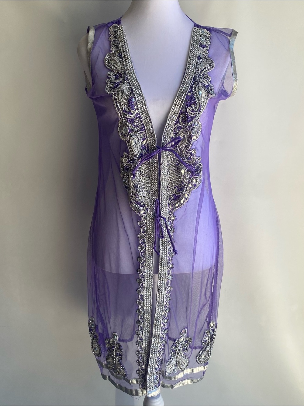 Sheer purple embroidered crystal gem applique embellished genie boho costume